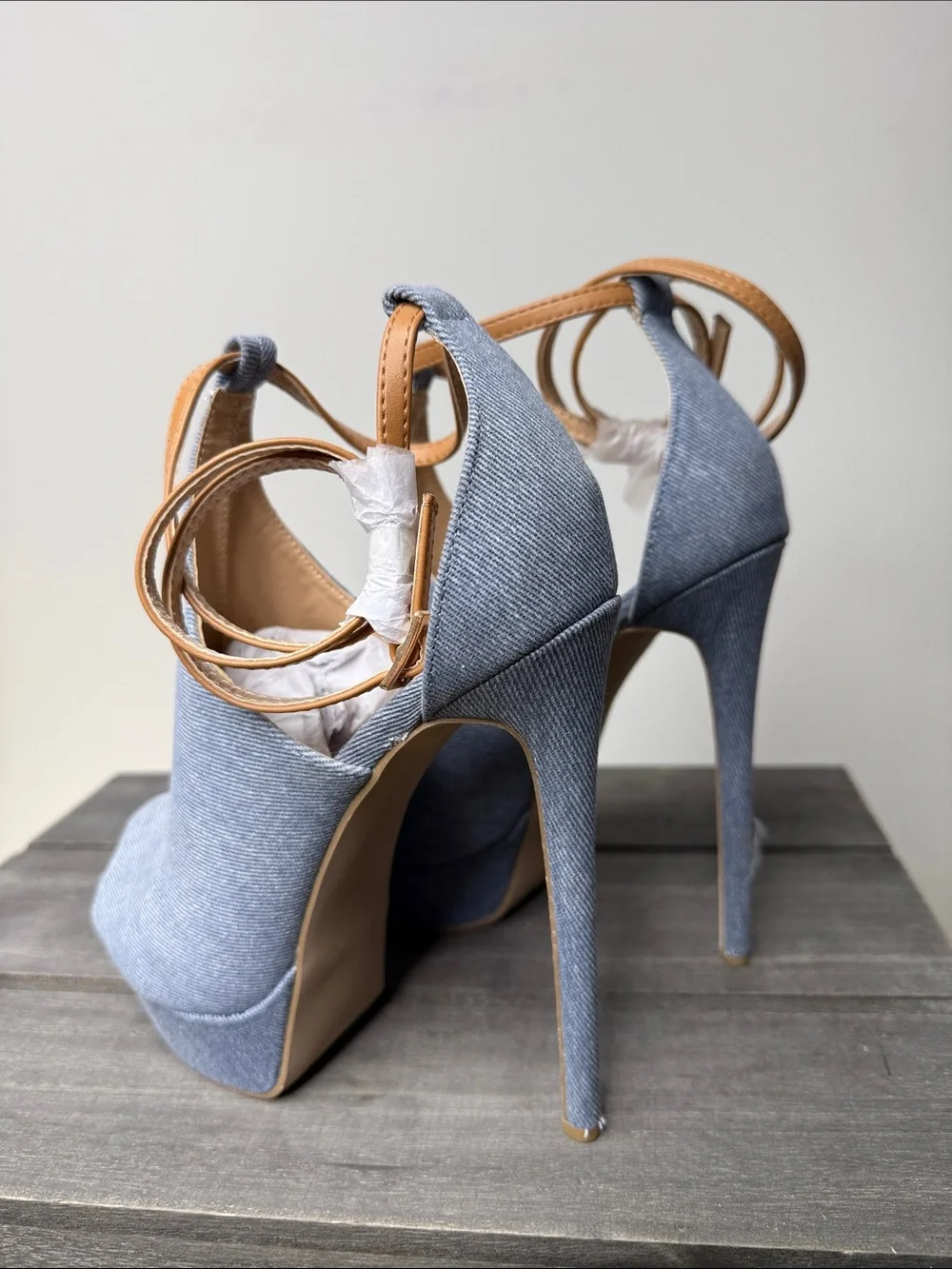 Shoe Dazzle Light Blue Denim Platform Ankle-Tie Stilettos